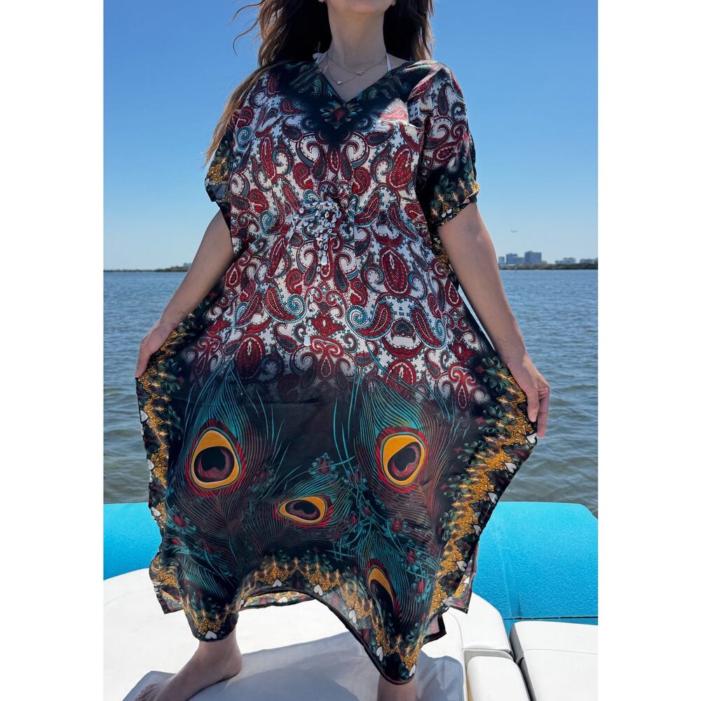 Paisley and feathers Kaftan Dresses for Women Beach Coverups, One Size Kaftans